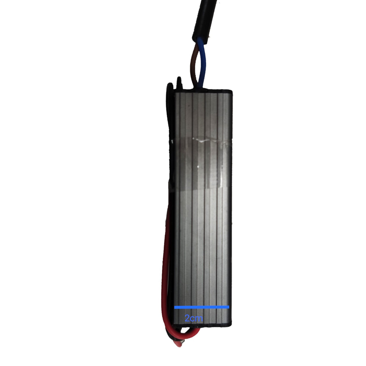 A long, narrow rectangular electronic device with a ribbed metallic silver body and black edges, shown against a plain white background. Two wires extend from the top, and red and blue wires are visible at the bottom.