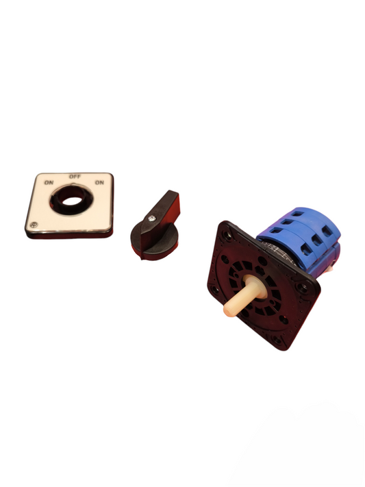 Auspicious 20A 3 pole cam switch disassembled showing the switch knob, mounting plate, and switch mechanism