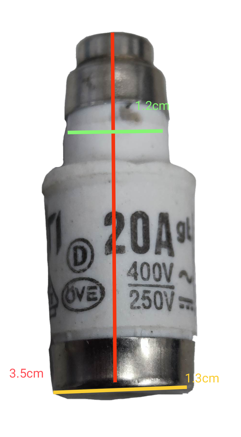 20A ceramic fuse 400V electrical component with white ceramic body and metal end caps