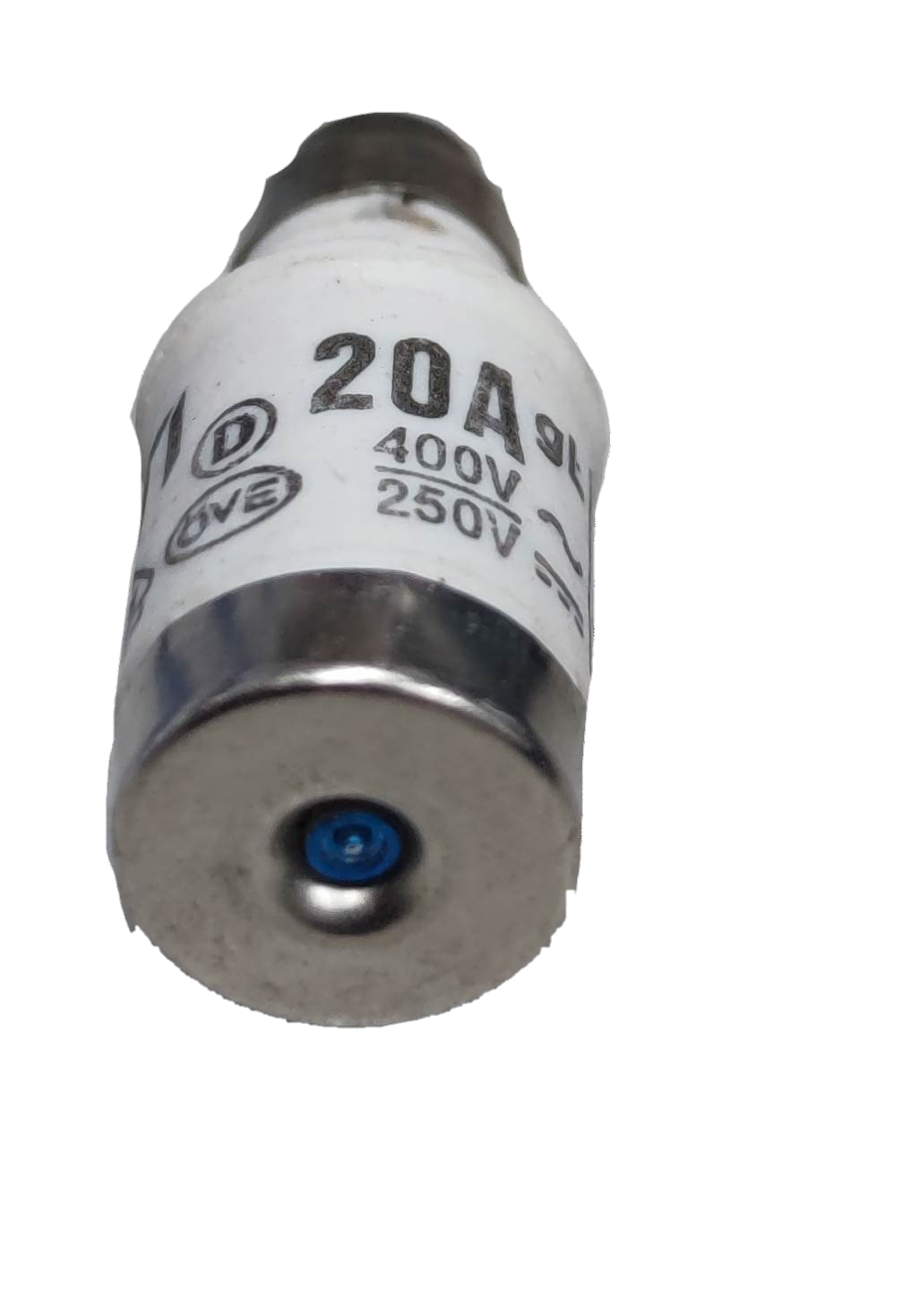 Close-up of a 20A ceramic fuse 400V electrical component for circuitry and parts