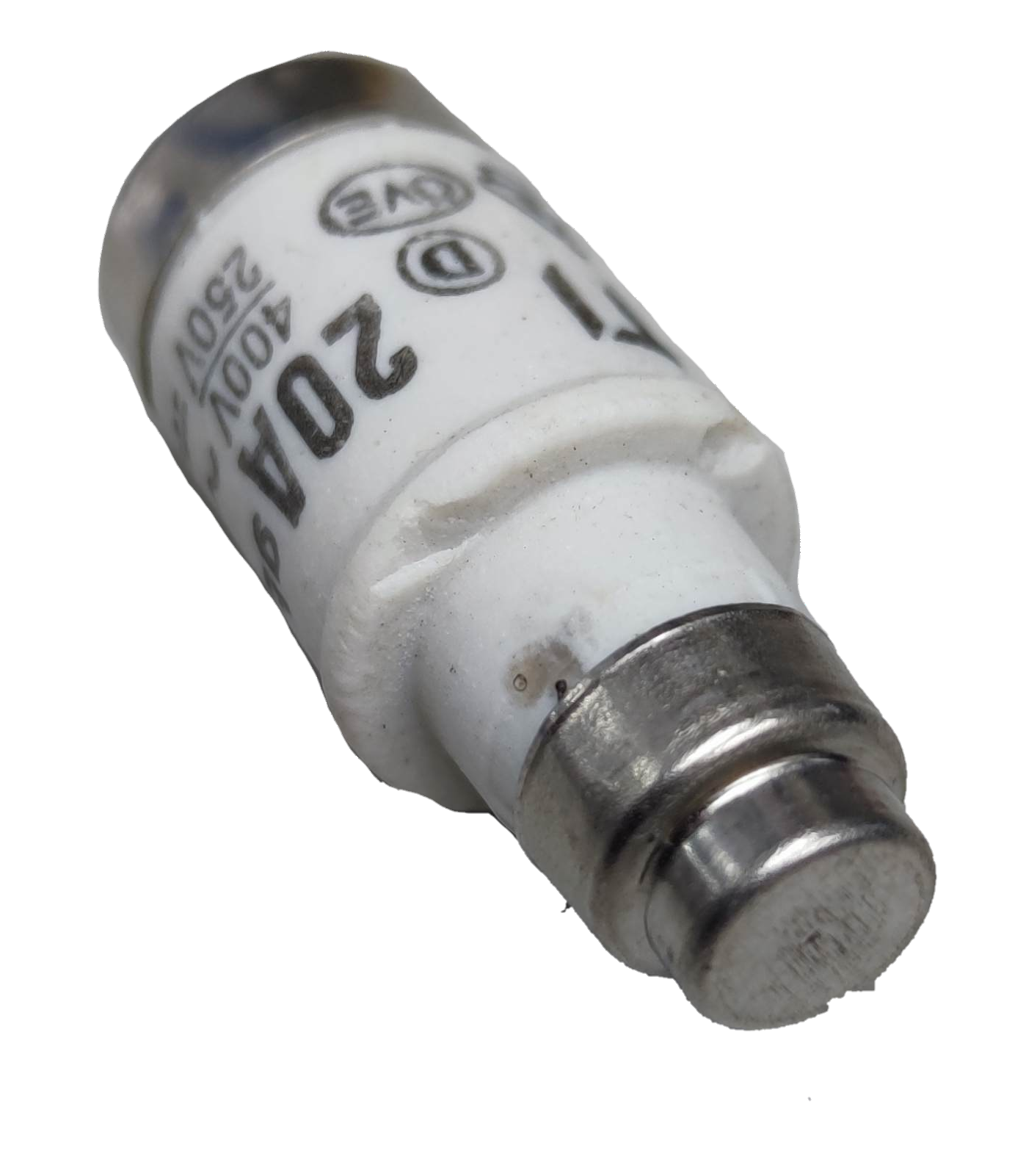 Close-up of 20A ceramic fuse 400V electrical component with metal end cap and white ceramic body