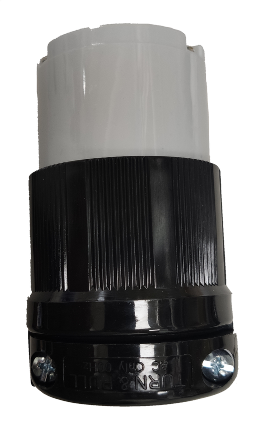 Grippes 20A twist lock outlet connector with black and white durable plastic housing