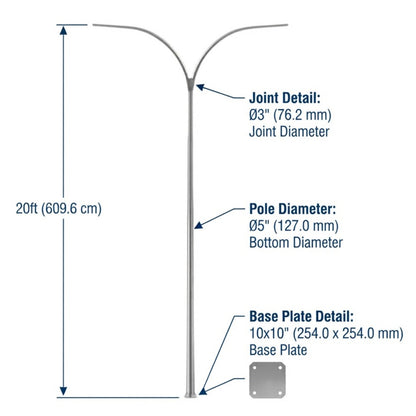 Technical dimension diagram of a metal pole with two curved arms, showing measurements for joint diameter, pole diameter, and base plate detail on a white background.