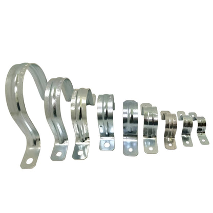 Assorted metal clips including a 20mm two hole strap clamp for secure fastening and support
