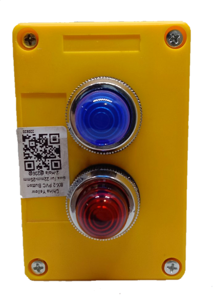 Auspicious 220V pilot lamp with surface box featuring blue and red indicator lights on a yellow housing