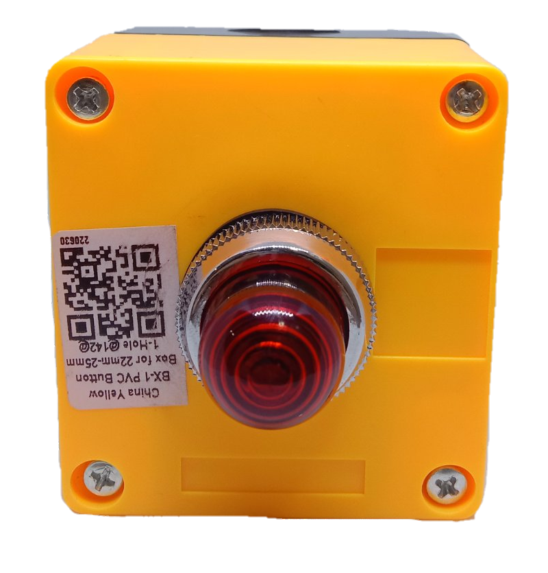 220V red pilot lamp with enclosure by Auspicious in yellow casing with front mounting screws