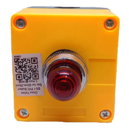 220V red pilot lamp with enclosure by Auspicious in yellow casing with front mounting screws