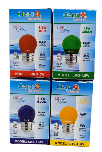 Omni 1.5W LED Bulb Colored E27 220V 1.5W Round Bulb LED E27 220V Available in Blue, Green Red Yellow
