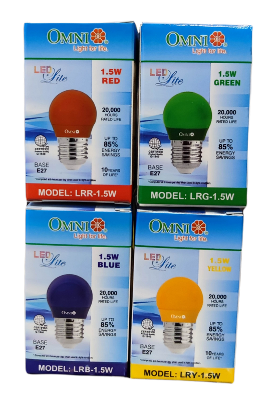Omni 1.5W LED Bulb Colored E27 220V 1.5W Round Bulb LED E27 220V Available in Blue, Green Red Yellow