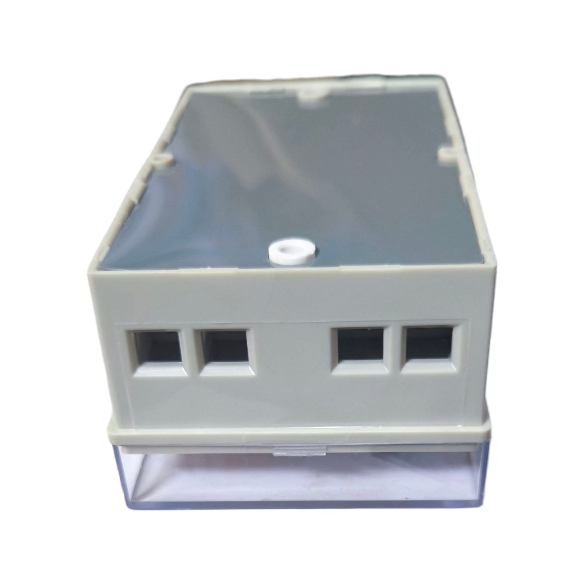 Clear plastic box with a white lid on a white background
