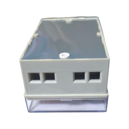 Clear plastic box with a white lid on a white background