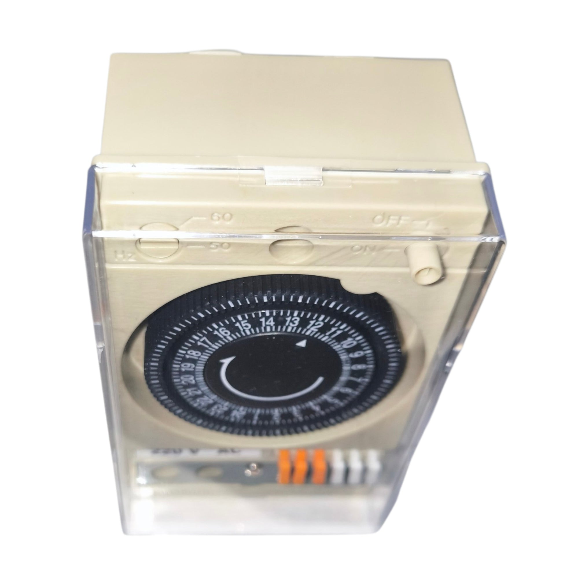 Mechanical timer with clear acrylic cover on a white background