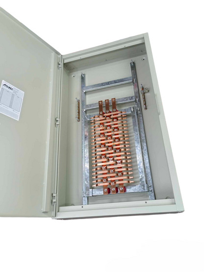 Schneider 250A 3 Pole EZC250F 3 Pole Main electrical panel with open door showing internal copper bus bars