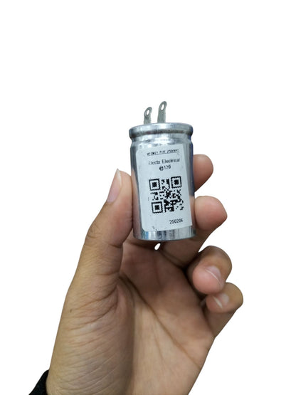 250V AC motor running capacitor in hand with silver casing and QR code label for electrical applications