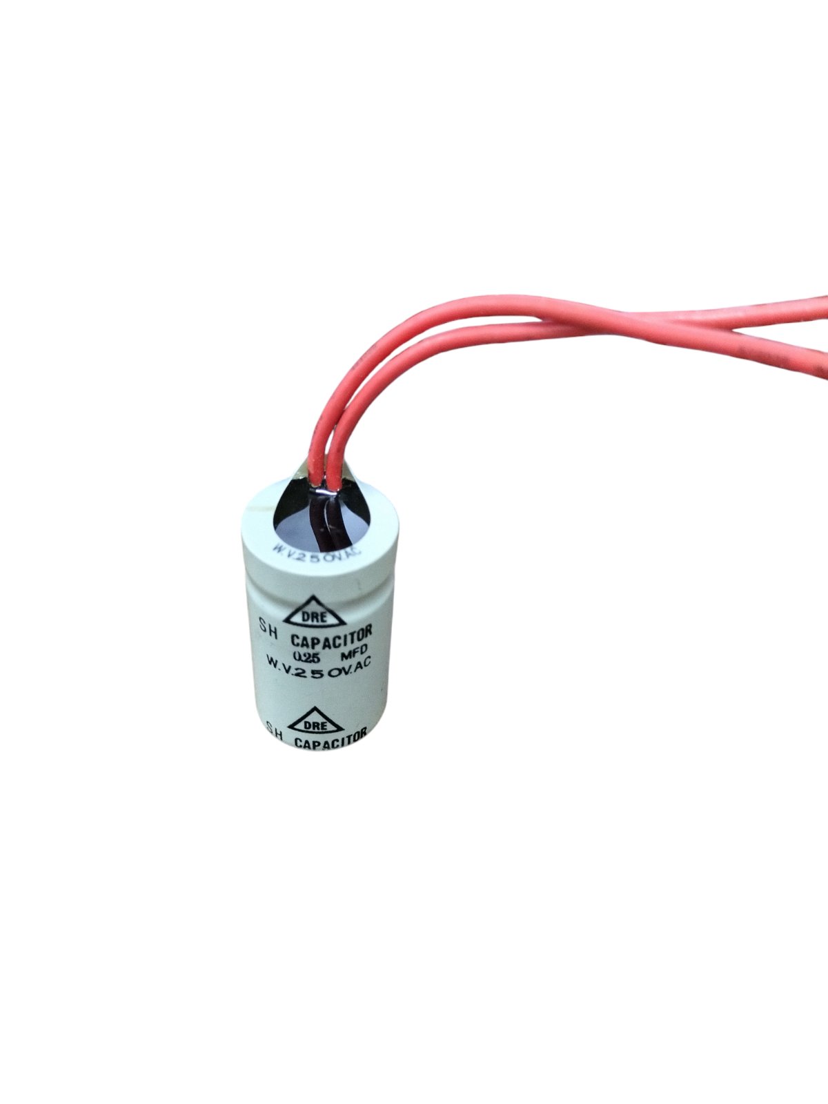 DRE 250V capacitor for Motor Parts with red wiring for easy installation in electrical circuits