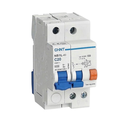 Chint 20A 1P+N 30mA 10KAIC 230V Residual Current Circuit Breaker with Overcurrent Protection RCBO NB1L-40H-20A1P+N