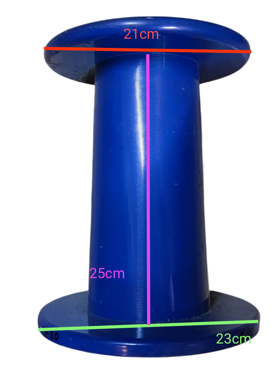 Blue 25kg plastic spool for wire measuring 25cm height and 23cm diameter for cable management