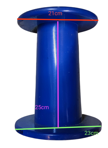 Blue 25kg plastic spool for wire measuring 25cm height and 23cm diameter for cable management