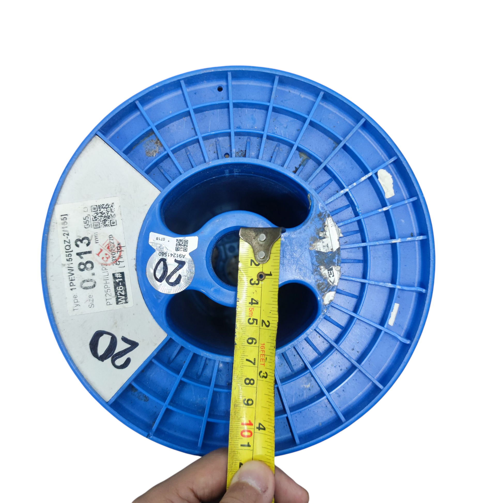 Blue 25kg plastic spool for wire with tape measure showing diameter for cable management
