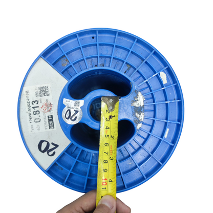 Blue 25kg plastic spool for wire with tape measure showing diameter for cable management