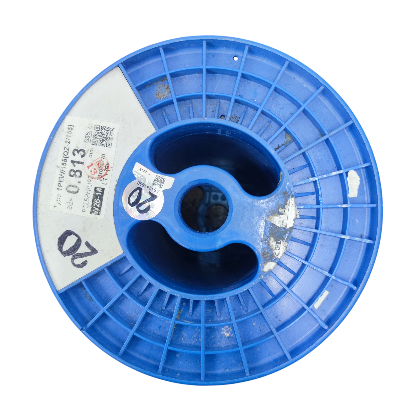 Blue 25kg plastic spool for wire used in cable management with sturdy design and label