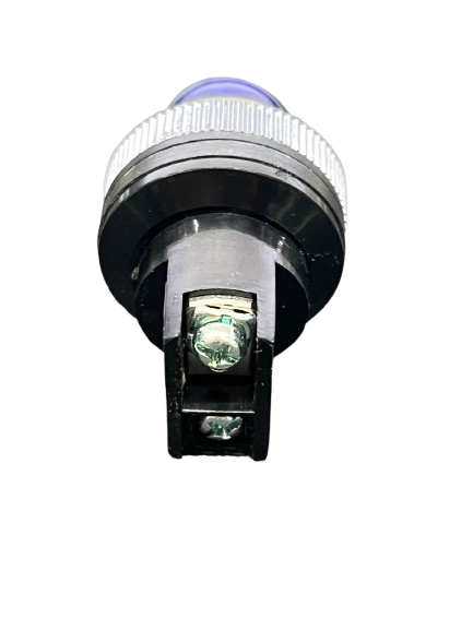 Auspicious 25mm blue neon pilot lamp 220V with a round clear lens and sturdy mounting base