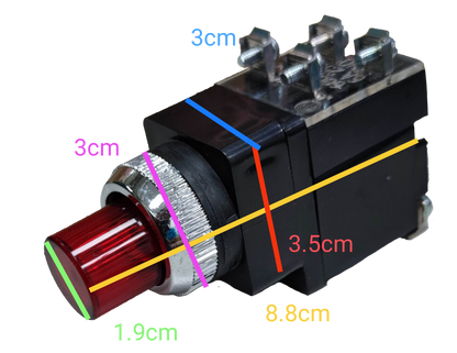 Auspicious 25mm illuminated push button switch with a red top for easy visibility and operation