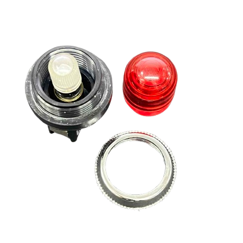 25mm red neon pilot lamp 220V with a clear base and removable red cover for work and safety applications