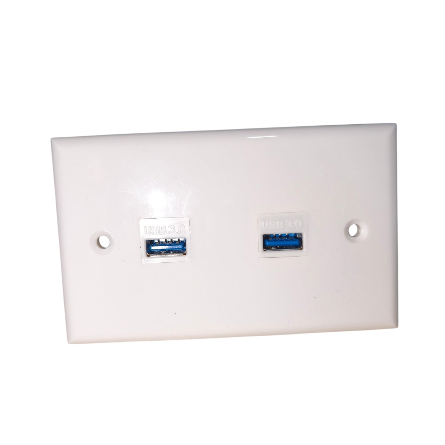 A white plastic dual USB 3.0 wall outlet plate with two blue USB ports and pre-drilled screw holes, shown on a plain white background.