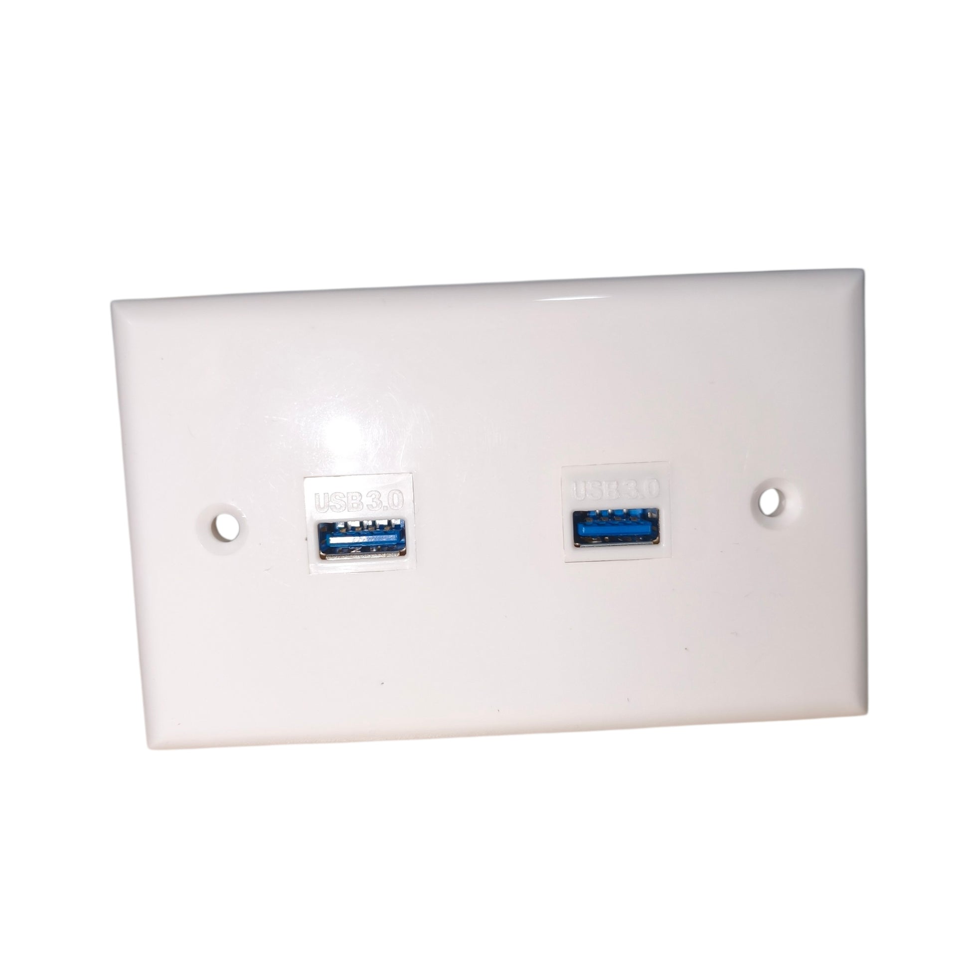 A white plastic dual USB 3.0 wall outlet plate with two blue USB ports and pre-drilled screw holes, shown on a plain white background.