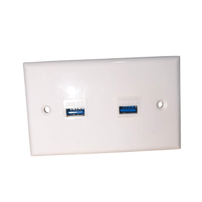 A white plastic dual USB 3.0 wall outlet plate with two blue USB ports and pre-drilled screw holes, shown on a plain white background.