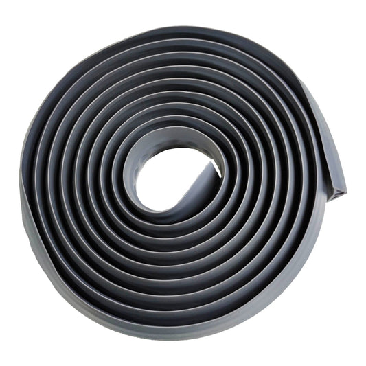A coiled dark gray rubber seal or gasket strip, photographed on a clean white background.