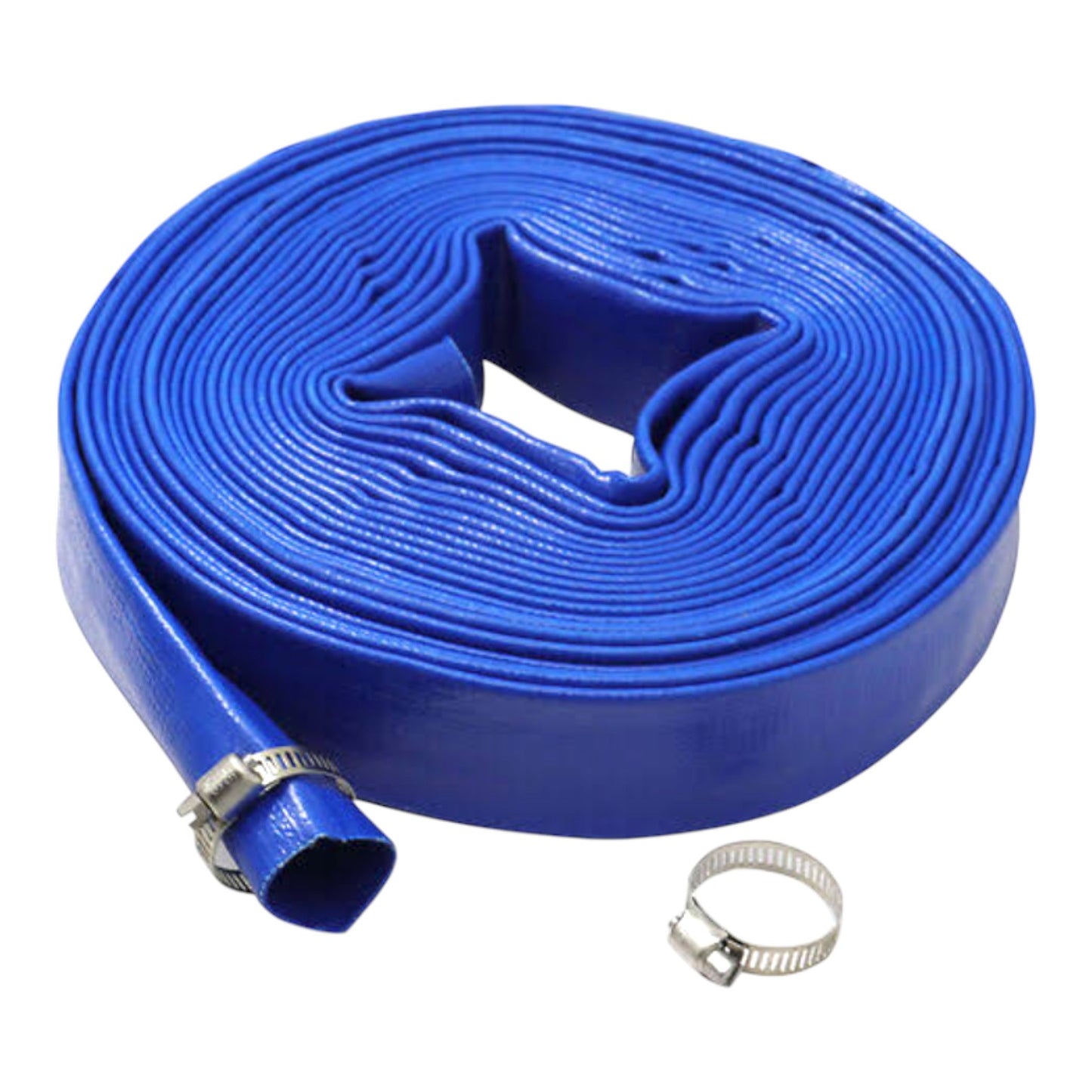 A coiled blue hose with a metal clamp connector and a separate silver clamp, shown on a plain white background.