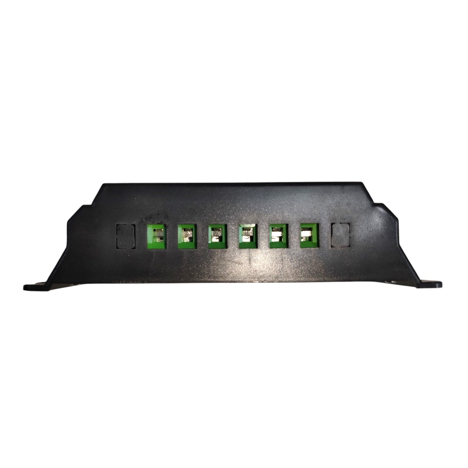A black metal electronic junction box cover with six green terminal blocks on a plain white background.