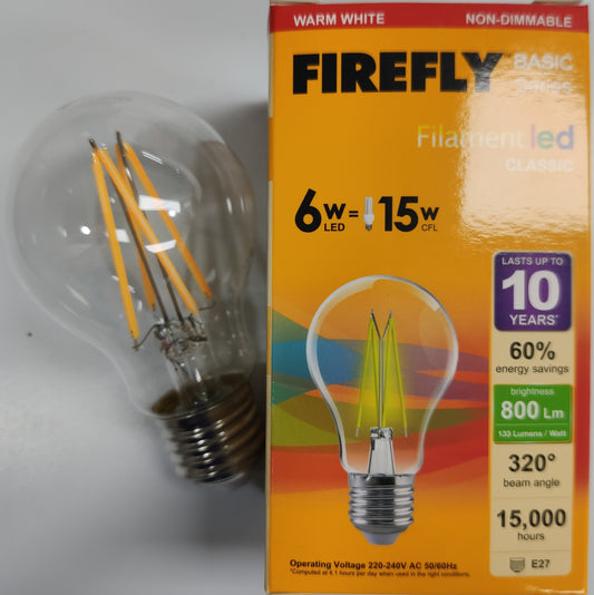 Firefly LED Filament Bulb Warm White 6W E27 220V , 6W LED Bulb A60