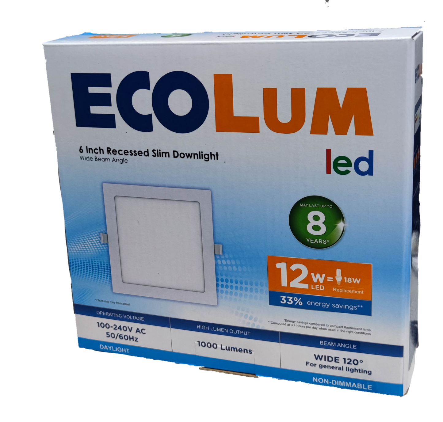 Ecolum 12W LED Square Downlight 220V Recessed ( ECOLUM) 6500K, 12W LED Square Flush Daylight 162x162mm Cut Out
