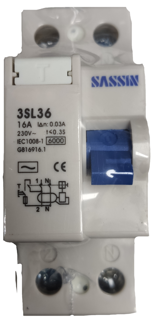Sassin 2Pole 30ma Residual Current Circuit Breaker with 16A 230V electrical circuitry part