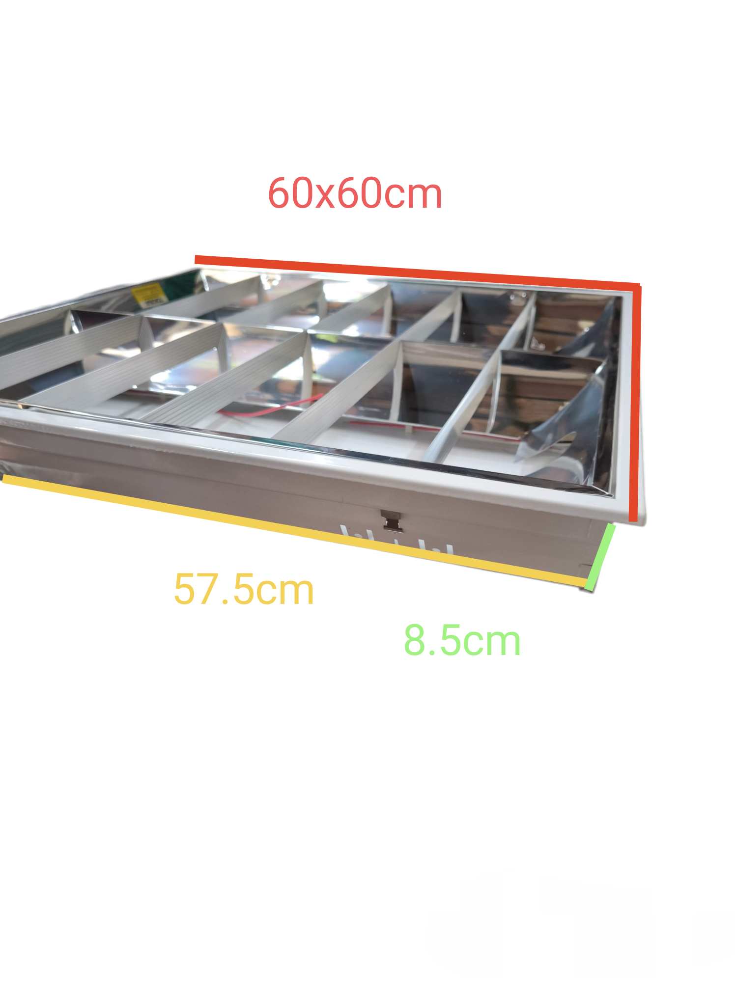 Tokina 2x20W Recessed Fixture with Aluminum Reflector showing dimensions 60x60cm and 8.5cm depth lighting installation accessory