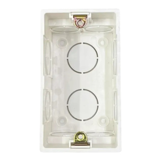 A white plastic double-gang wall switch box with two circular terminal circles and gold-colored screw terminals, shown against a plain white background.