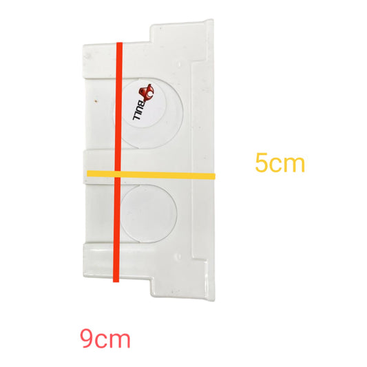A white plastic replacement part with circular cutouts, shown on a white background with red and yellow measurement lines and text indicating dimensions of 9cm and 5cm.