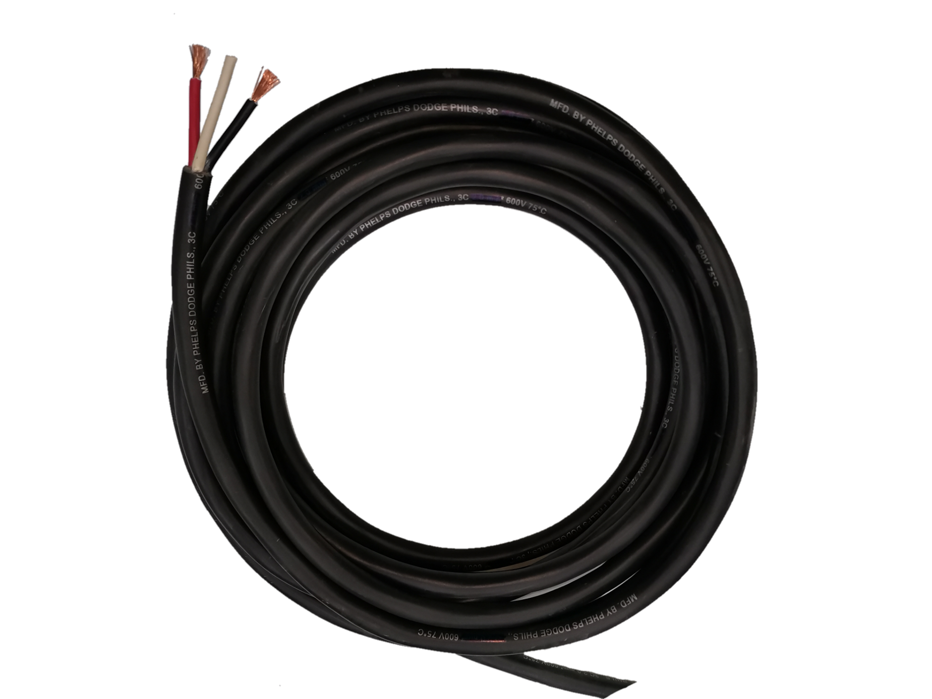 Phelps Dodge 3 core power cable 15 meters 3.5mm coiled black electrical wire with exposed copper ends