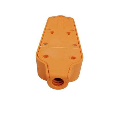 Omni heavy duty 3 gang extension outlet in orange with three universal outlet back view