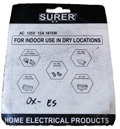 Surer 3 Gang Outlet Tap 15A 125V packaging for indoor use in dry locations, home electrical product