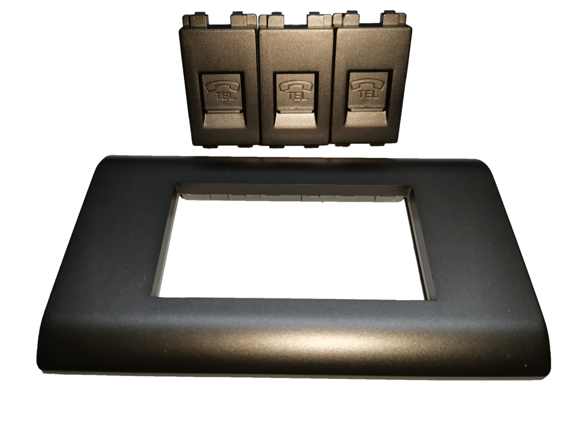 Royu 3 gang telephone outlet Dark Gray With Plate, designed for easy installation and connectivity.