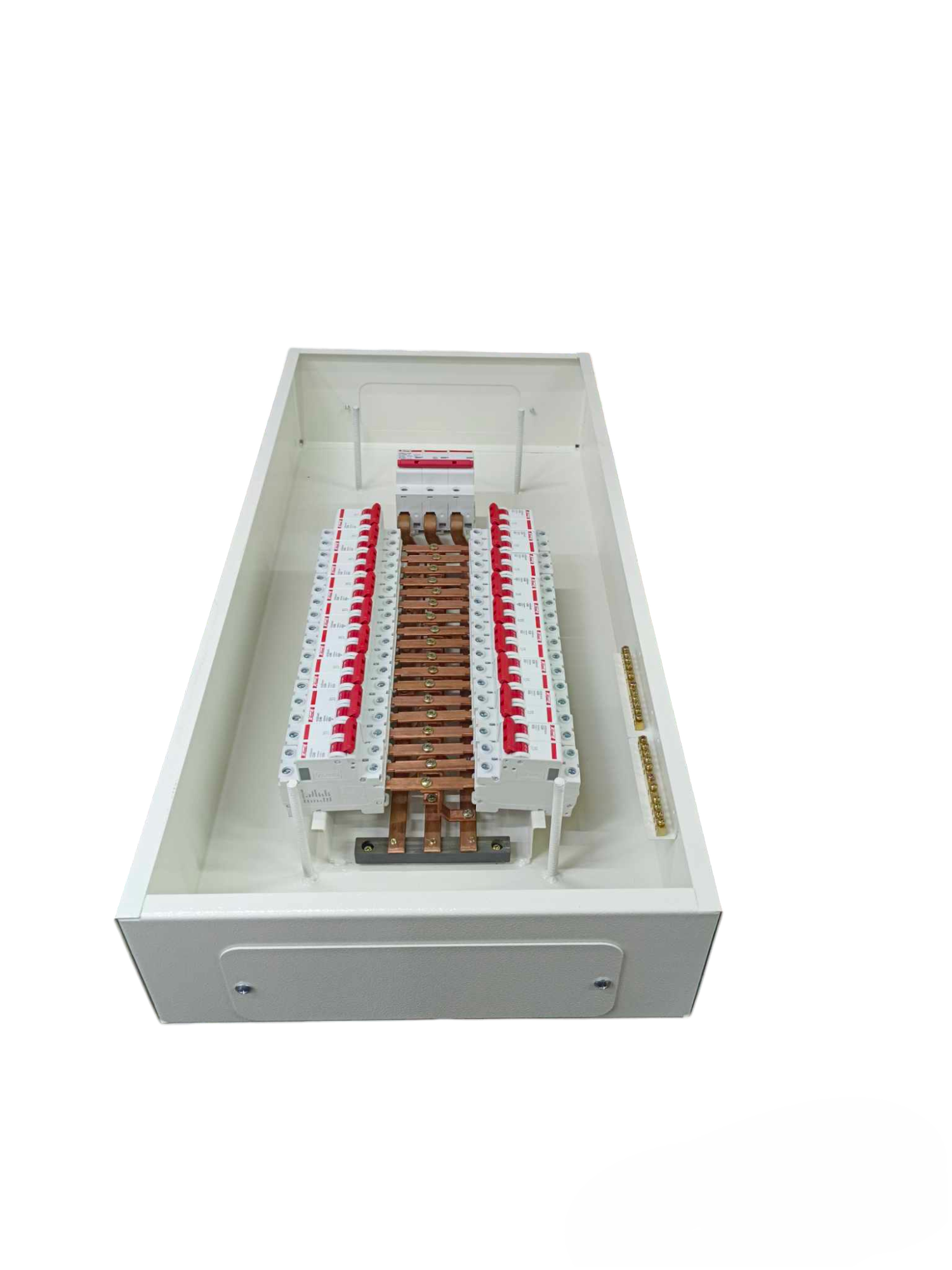 Himel and Koten 3 phase panel board 125A with circuit breakers and copper busbars in white enclosure