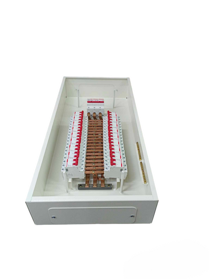 Himel and Koten 3 phase panel board 125A with circuit breakers and copper busbars in white enclosure