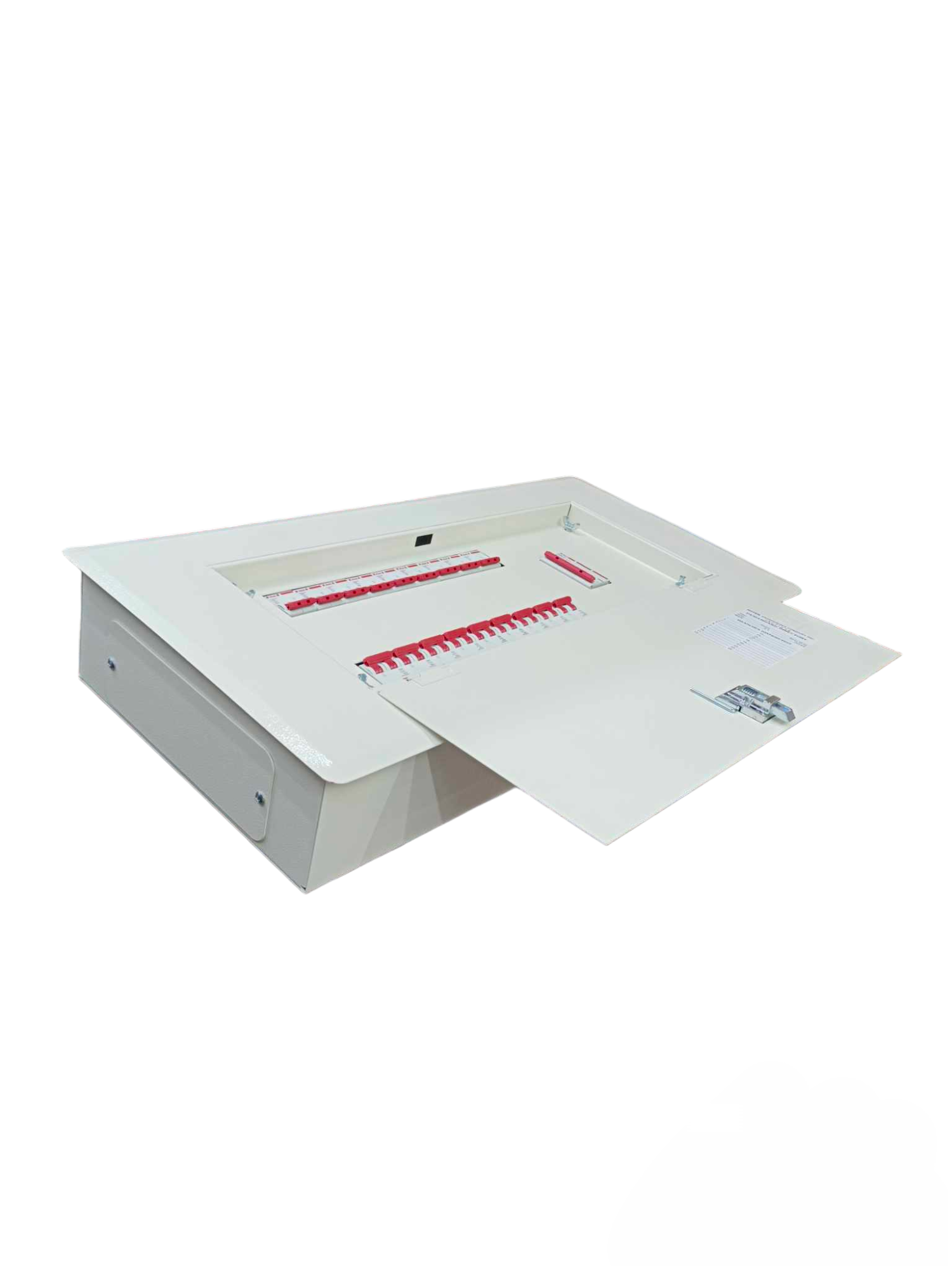 Himel & Koten 3 phase panel board 125A with white metal casing and red circuit breakers