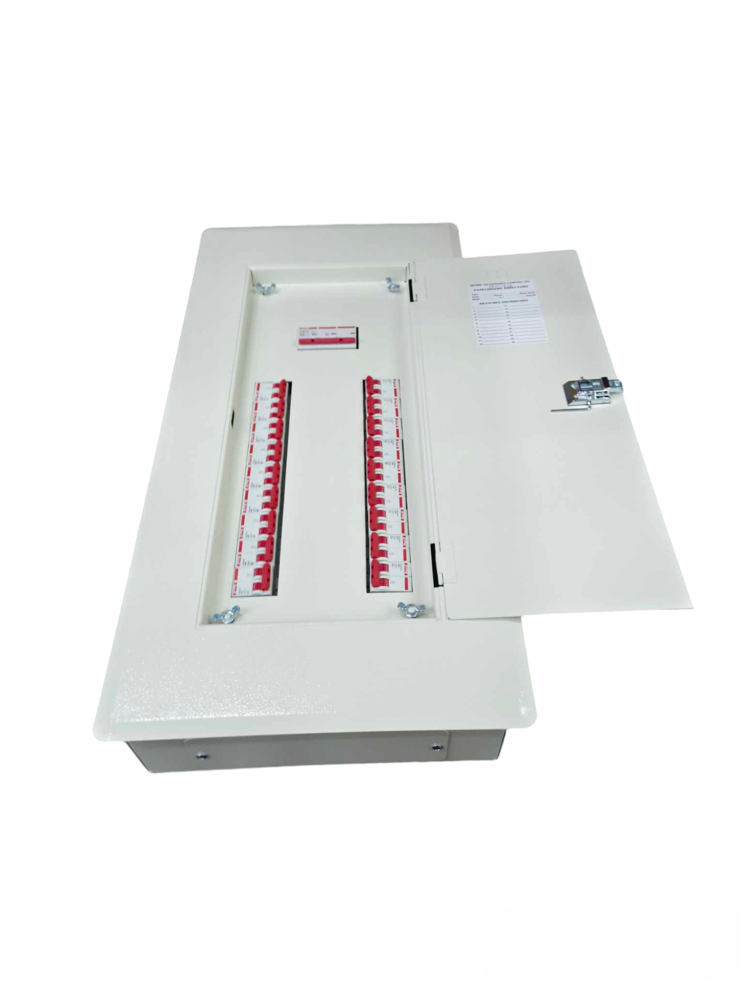 Himel and Koten 3 phase panel board 125A with white metal enclosure and circuit breakers