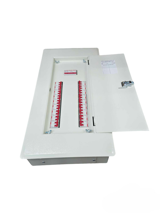 Himel and Koten 3 phase panel board 125A with white metal enclosure and circuit breakers