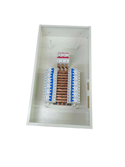 3 phase panel board 80A with circuit breakers and copper busbars in white metal enclosure